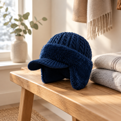 Knit trapper hat resting on an oak entryway bench