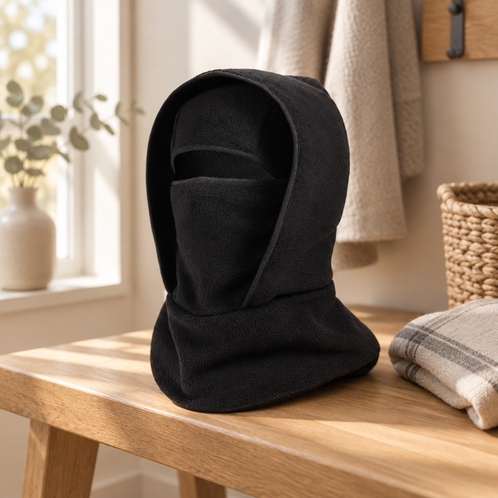 Fleece thermal balaclava folded on an oak bench