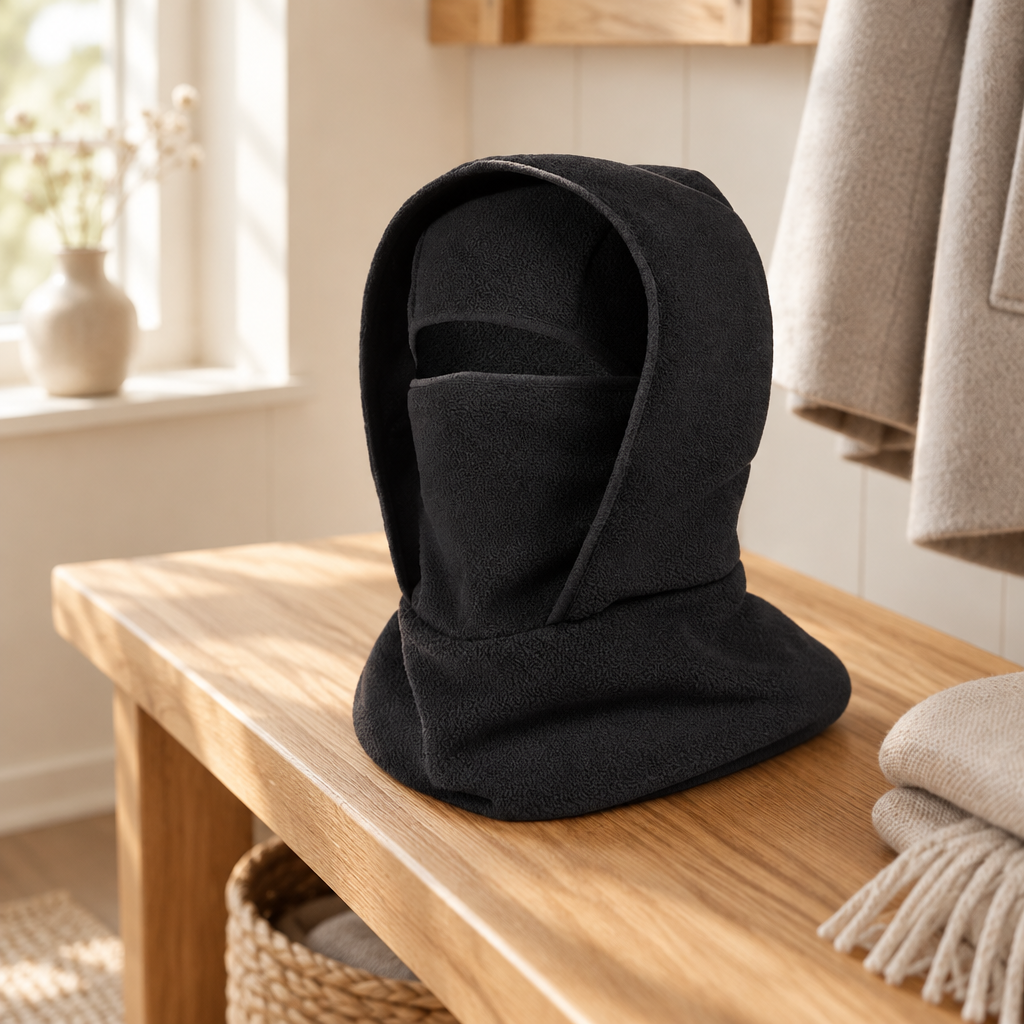 Fleece thermal balaclava folded on an oak bench