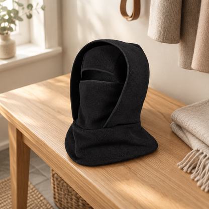 Fleece thermal balaclava folded on an oak bench