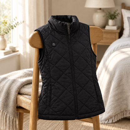 Heated winter vest laid over an oak bedroom chair