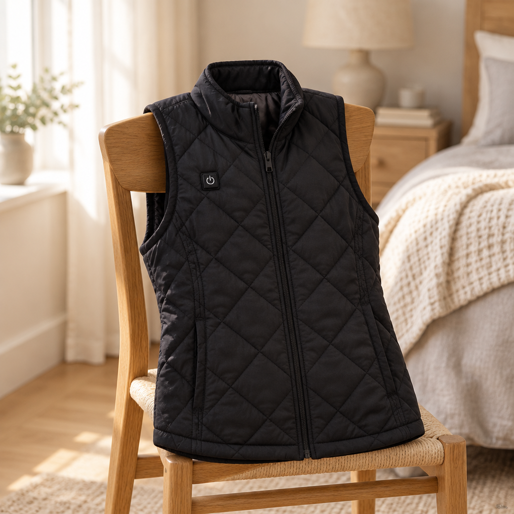 Heated winter vest laid over an oak bedroom chair