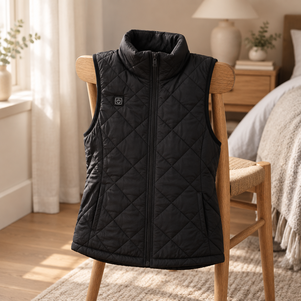 Heated winter vest laid over an oak bedroom chair