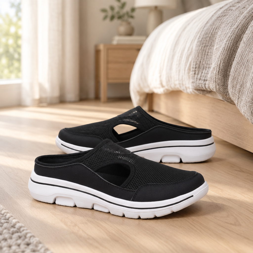 Cushioned slip-on slippers on a pale oak bedroom floor