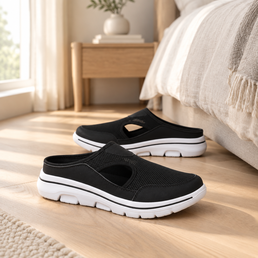 Cushioned slip-on slippers on a pale oak bedroom floor