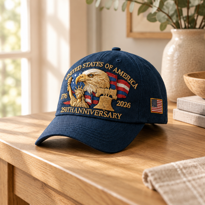 Embroidered eagle baseball cap on an oak console table