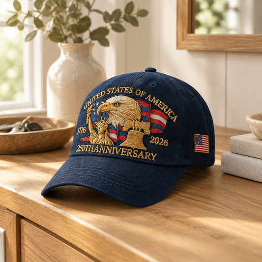 Embroidered eagle baseball cap on an oak console table