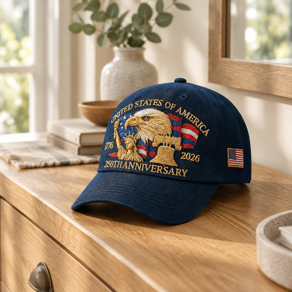 Embroidered eagle baseball cap on an oak console table