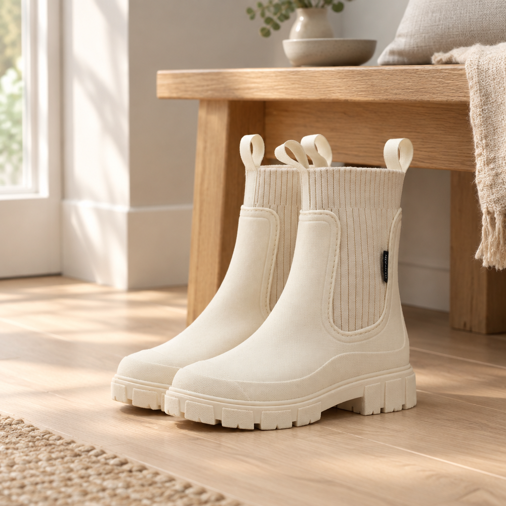 Chelsea ankle boots on pale oak entryway floorboards