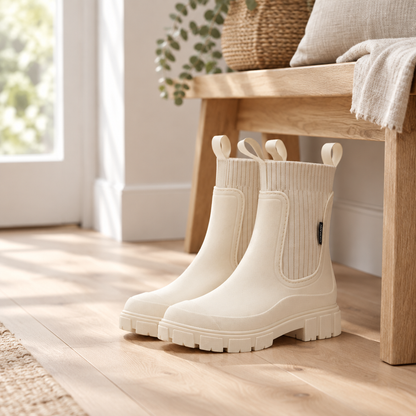Chelsea ankle boots on pale oak entryway floorboards