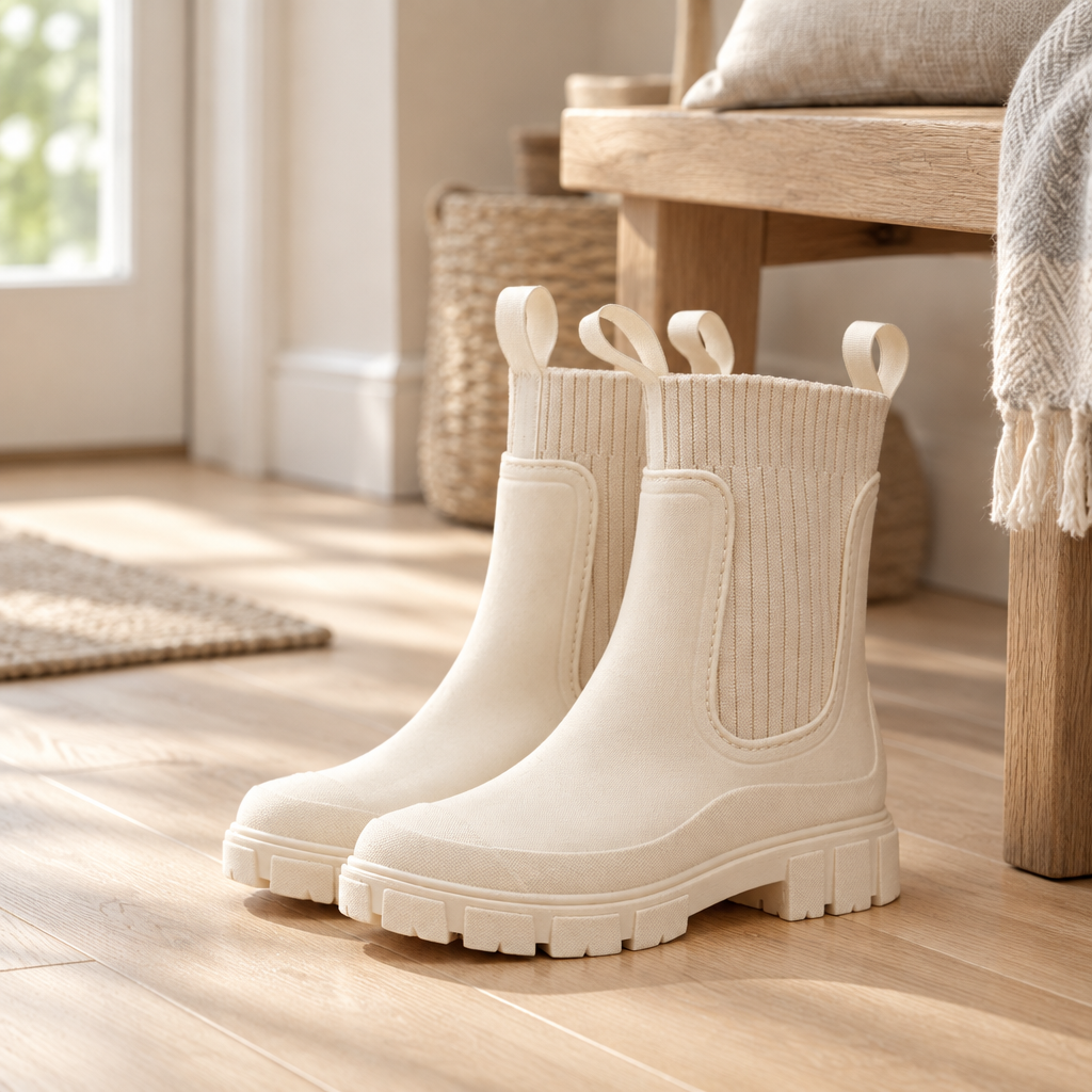 Chelsea ankle boots on pale oak entryway floorboards