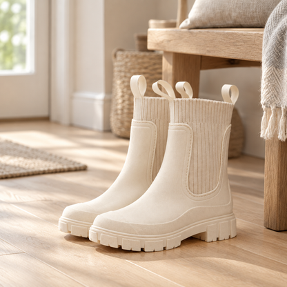 Chelsea ankle boots on pale oak entryway floorboards