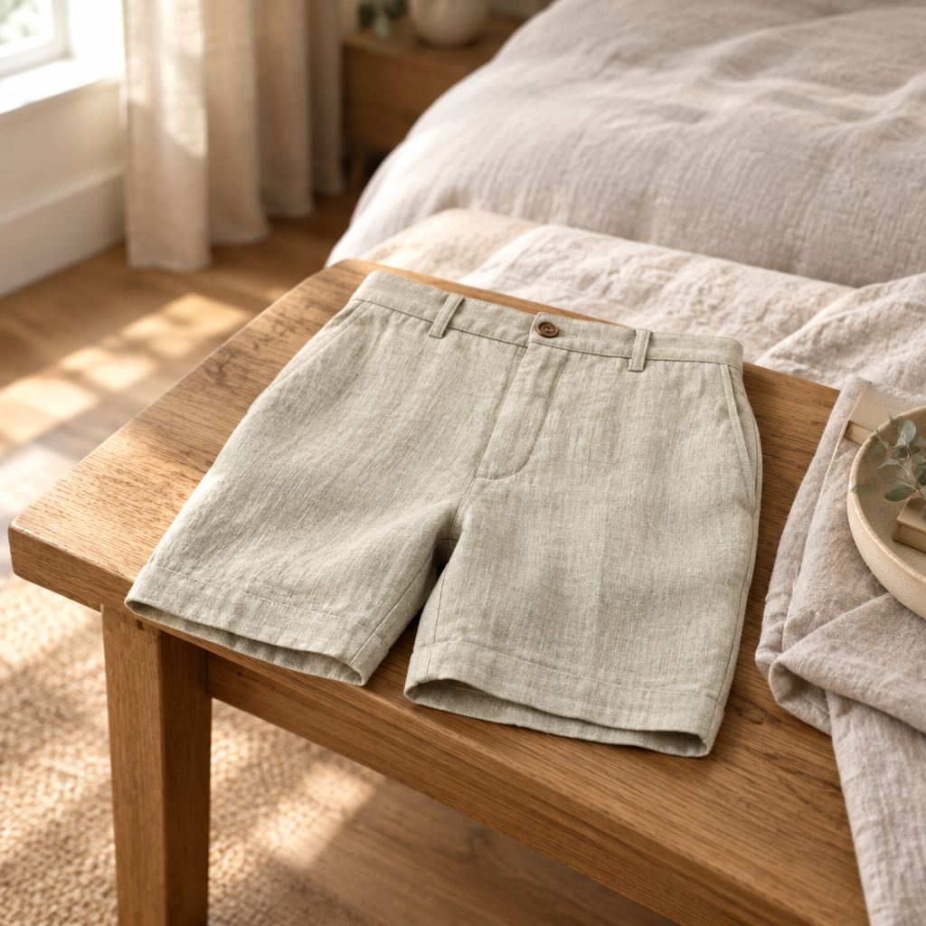 Casual summer beach shorts folded on an oak bench