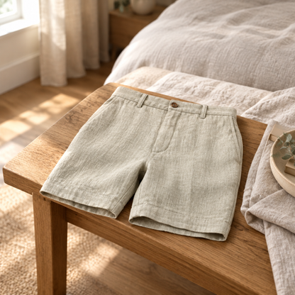 Casual summer beach shorts folded on an oak bench