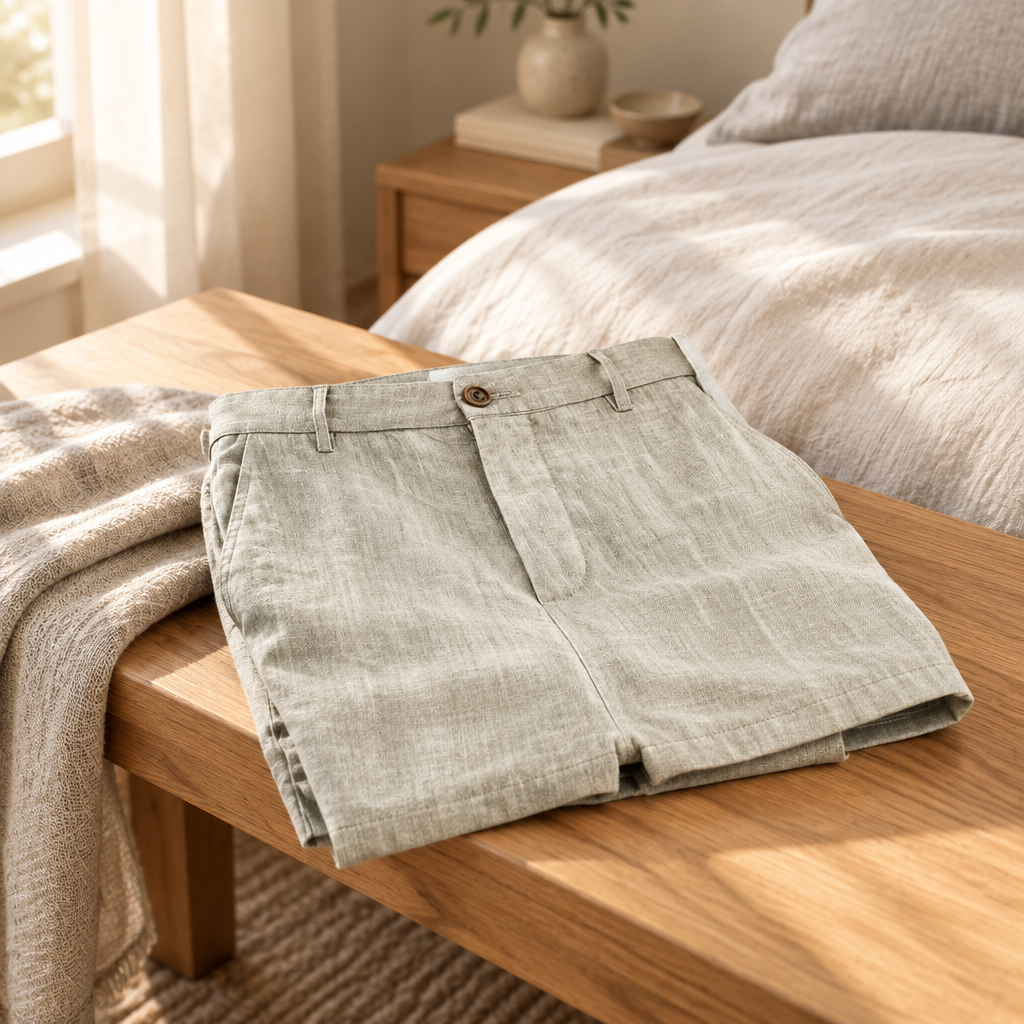 Casual summer beach shorts folded on an oak bench