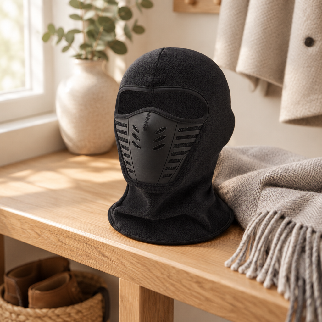 Thermal winter balaclava folded on an oak bench