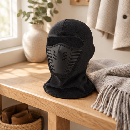 Thermal winter balaclava folded on an oak bench