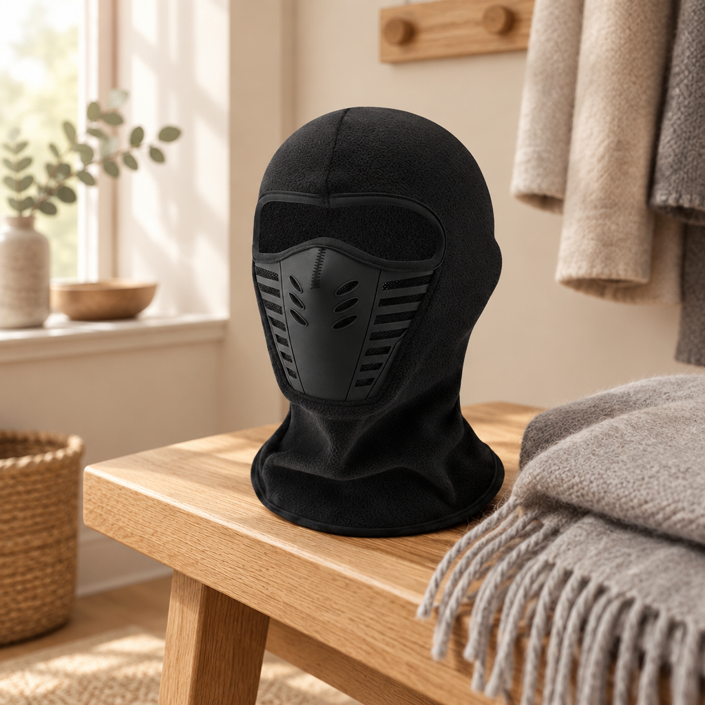Thermal winter balaclava folded on an oak bench
