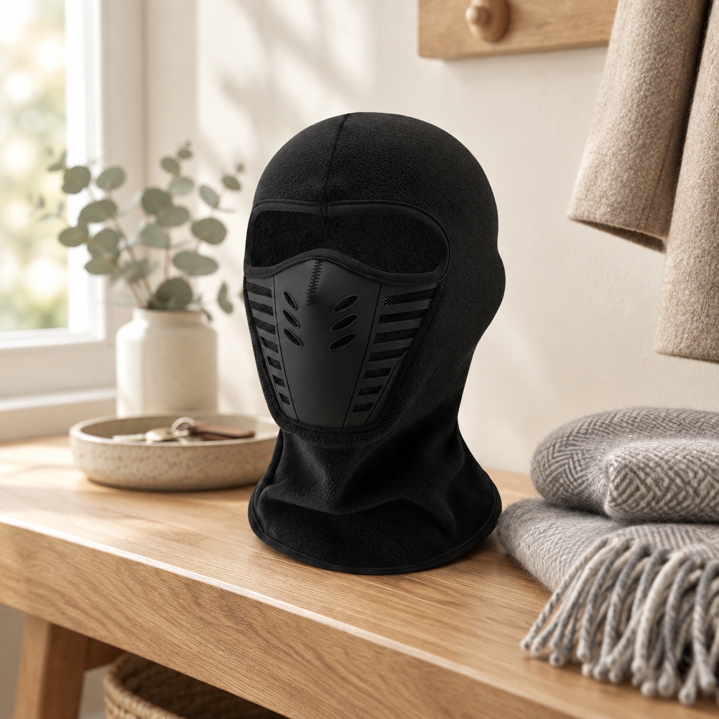 Thermal winter balaclava folded on an oak bench