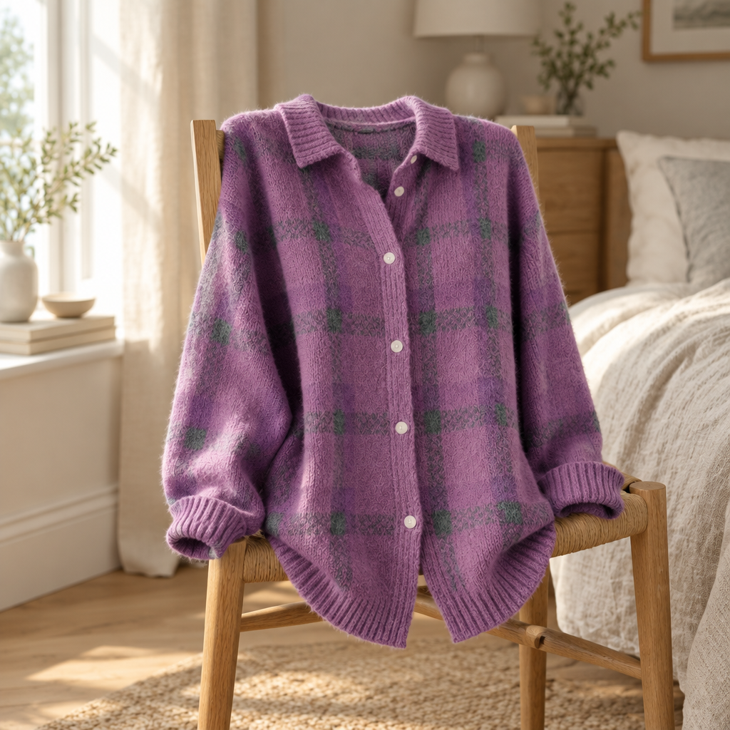 Oversized knit cardigan draped over an oak bedroom chair