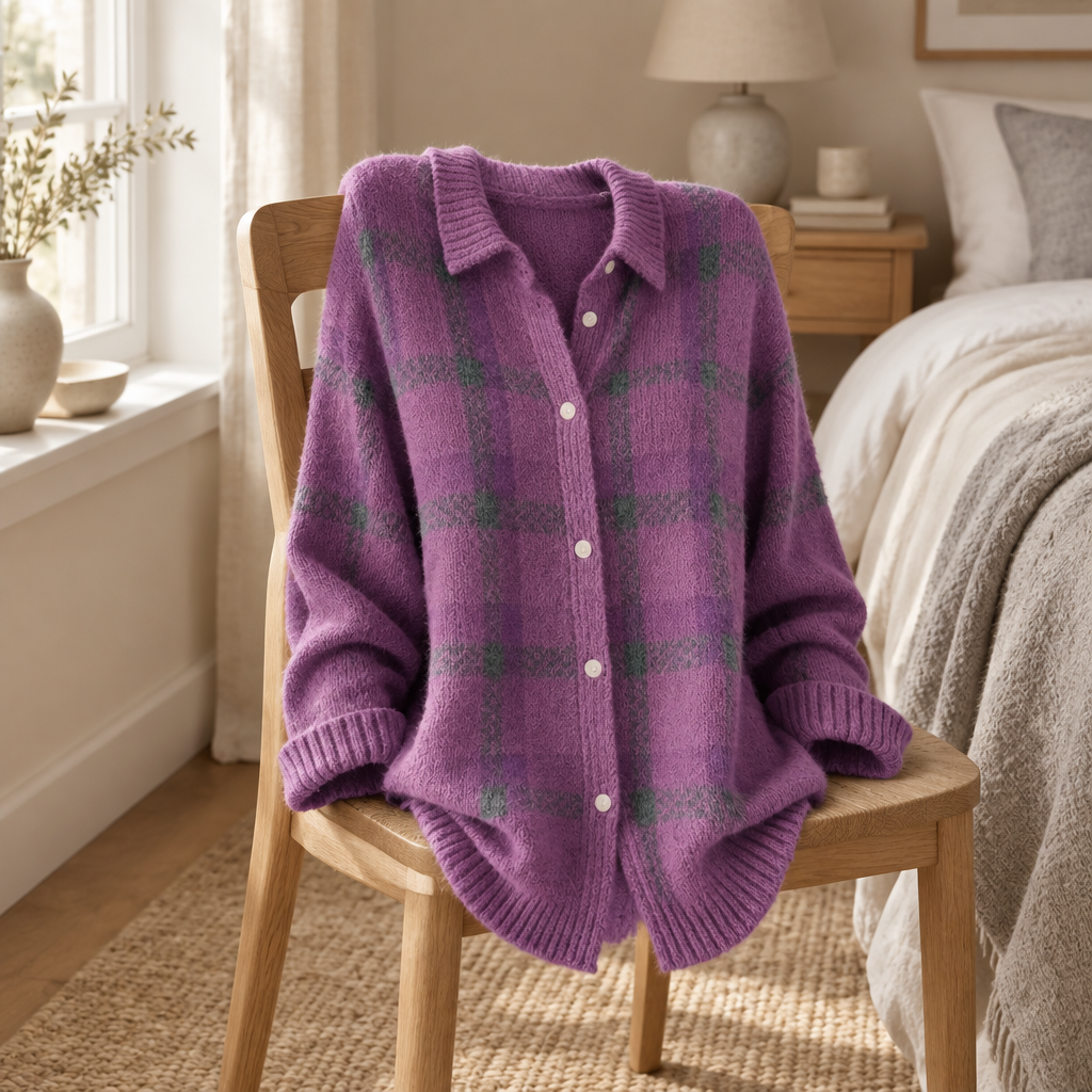 Oversized knit cardigan draped over an oak bedroom chair