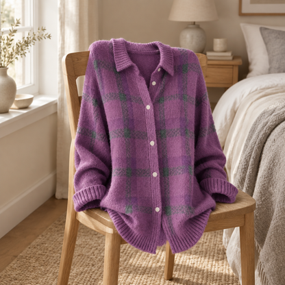 Oversized knit cardigan draped over an oak bedroom chair