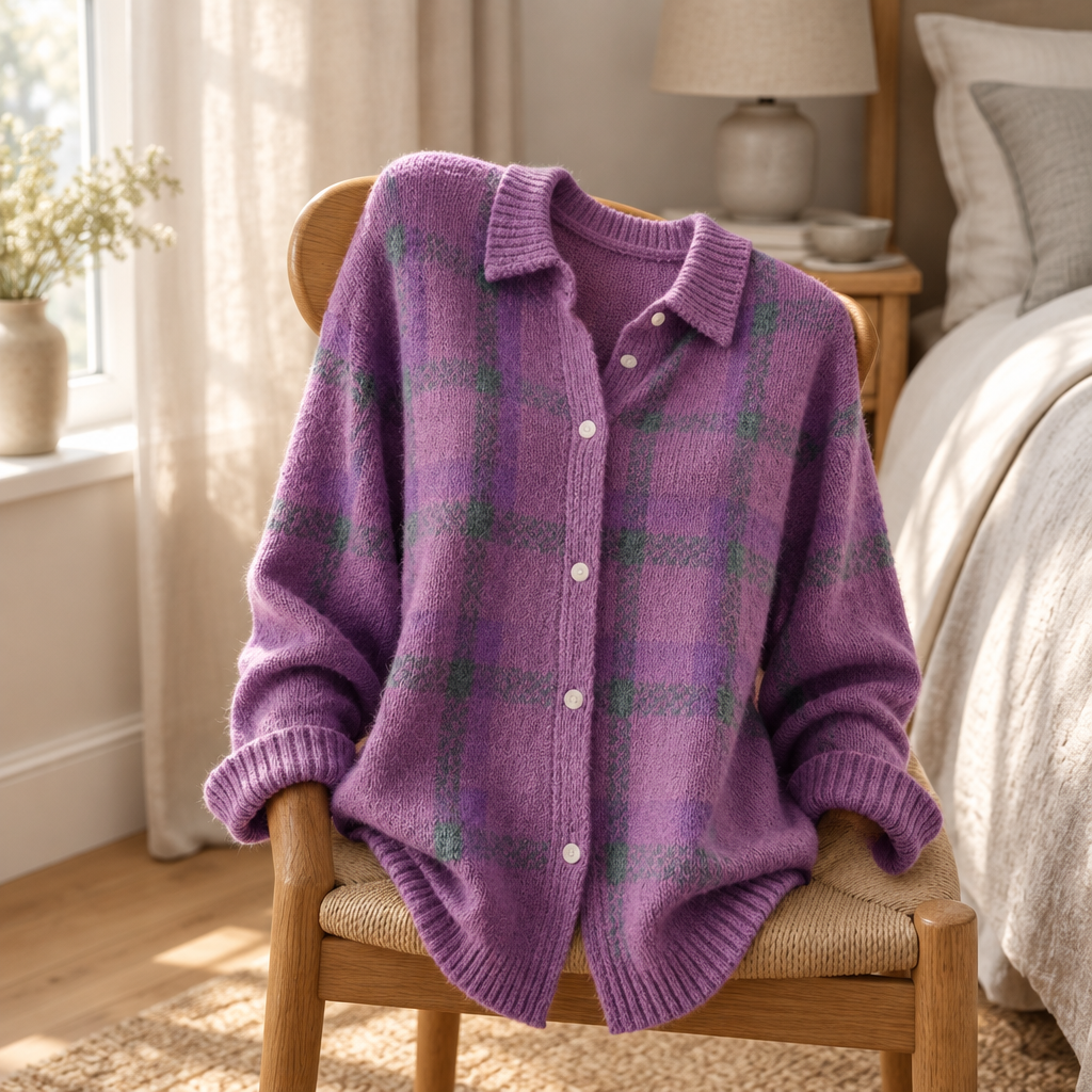 Oversized knit cardigan draped over an oak bedroom chair