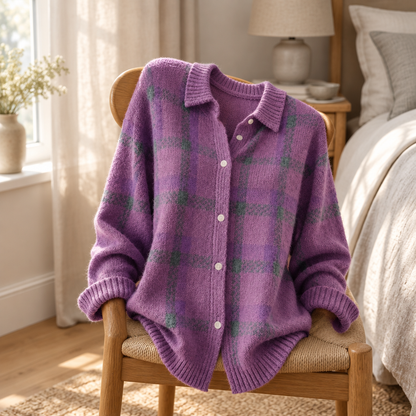 Oversized knit cardigan draped over an oak bedroom chair