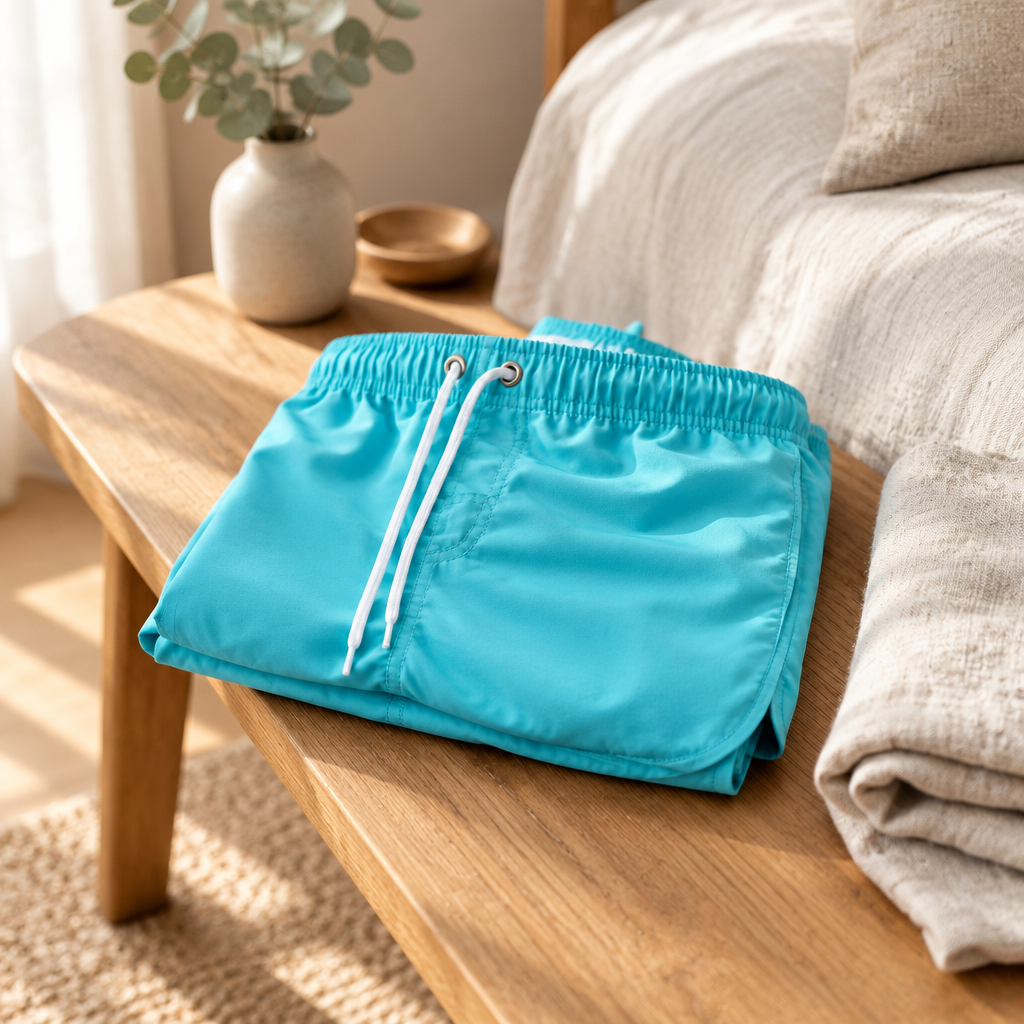 Quick-dry swim trunks folded on an oak bench