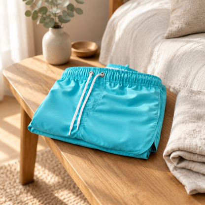 Quick-dry swim trunks folded on an oak bench