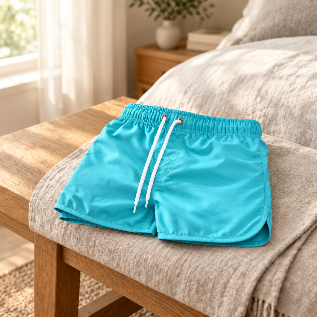 Quick-dry swim trunks folded on an oak bench