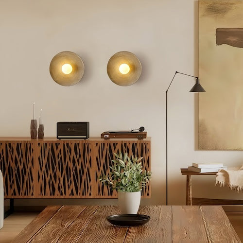 Rustic Round Wall Sconce with Wood-Grain Finish