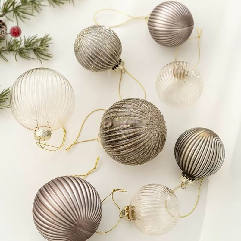 Ribbed taupe and clear glass ornaments