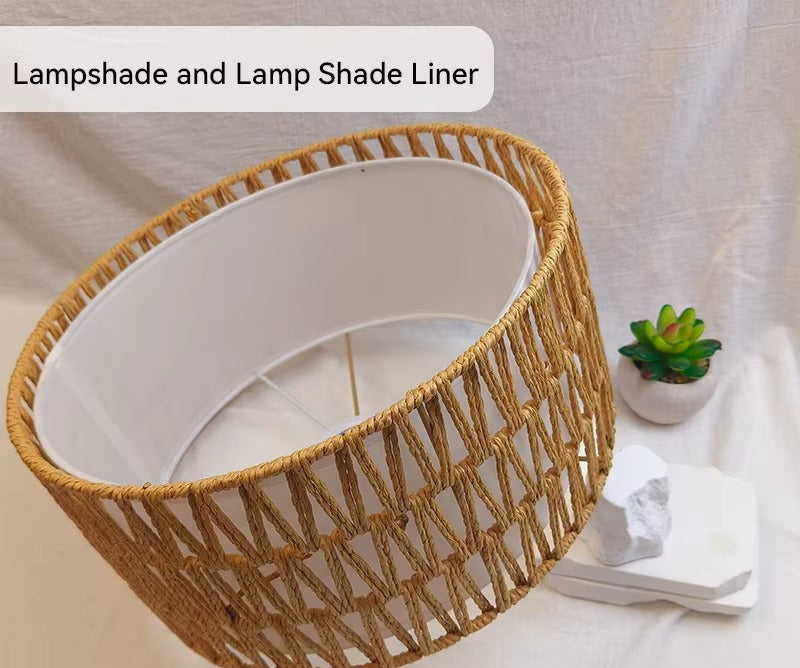 Boho woven rope drum lamp shade with white fabric liner